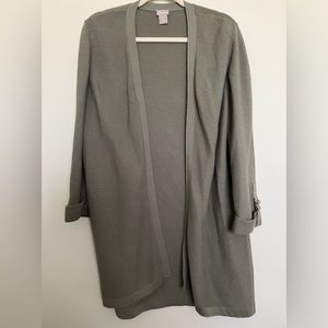 Chico’s Fatigue Olive Green Open Cardigan Sweater with Cute Sleeve Detail Sz 2 L